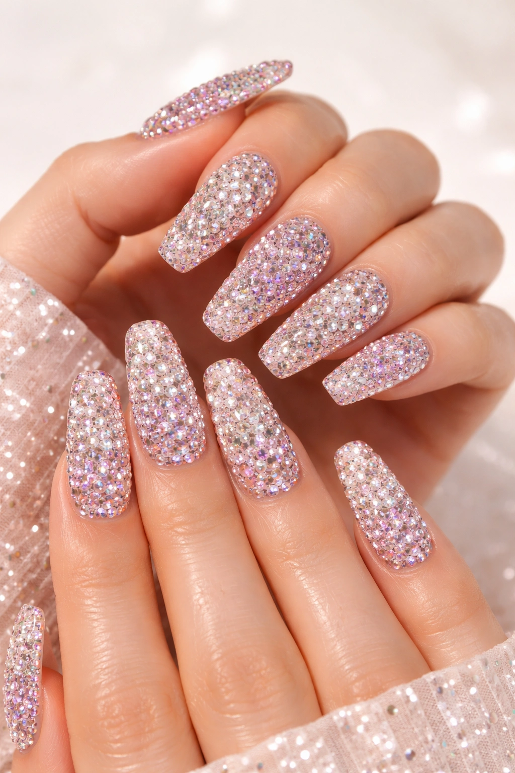 Hands with rhinestone-encrusted nails covering all nails