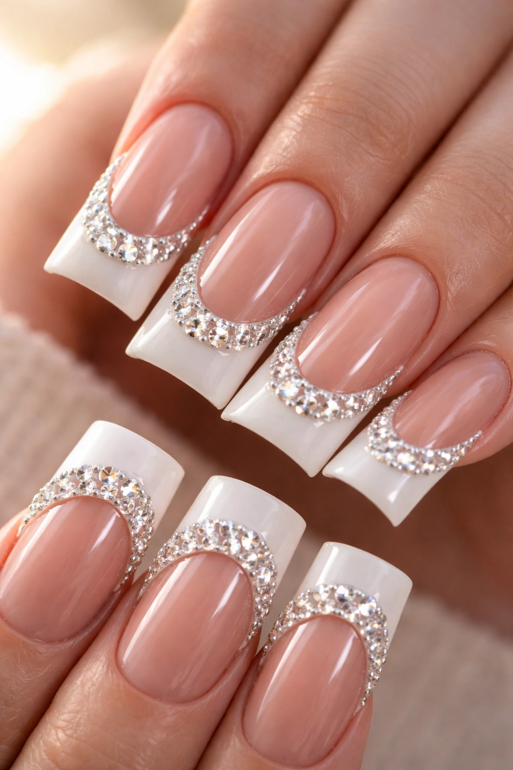 Duck nails with rhinestones along the white tip edge.
