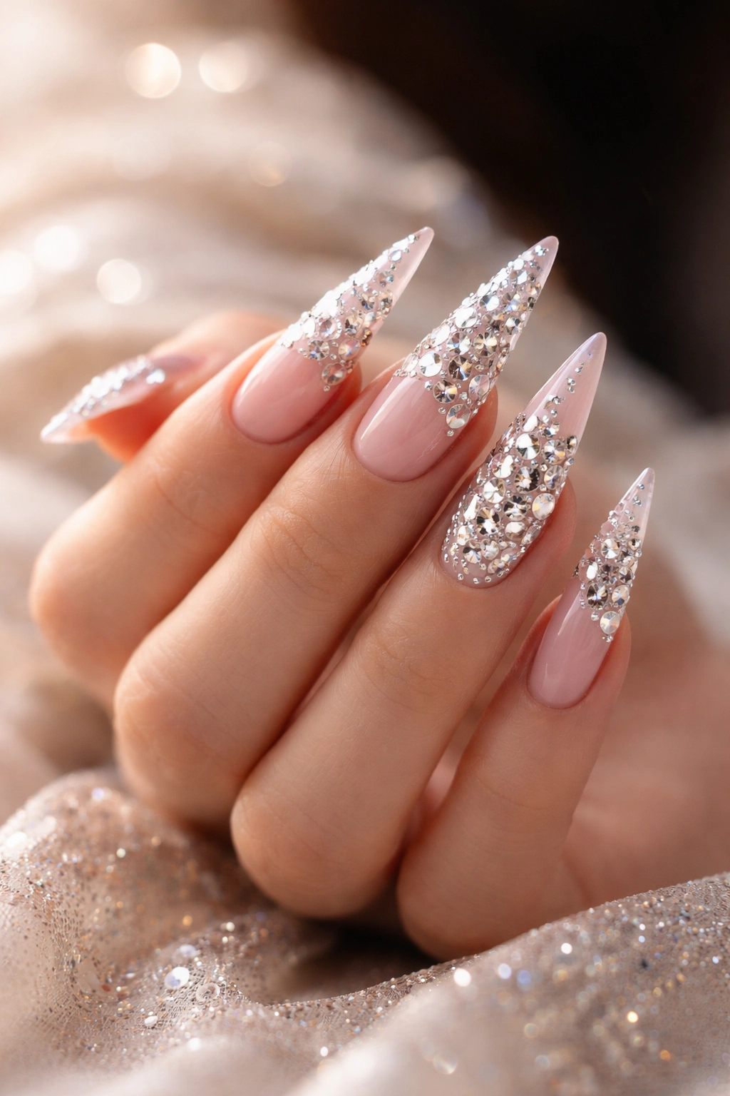 Refined close-up of rhinestone stiletto nails on a hand
