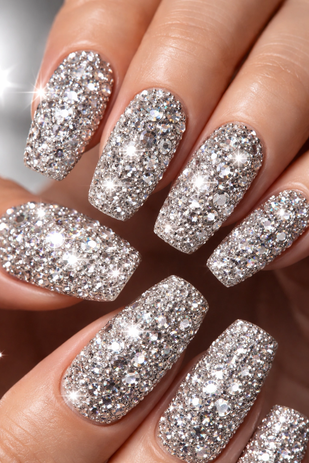 Close-up of nails fully encrusted with rhinestones in a cohesive color palette