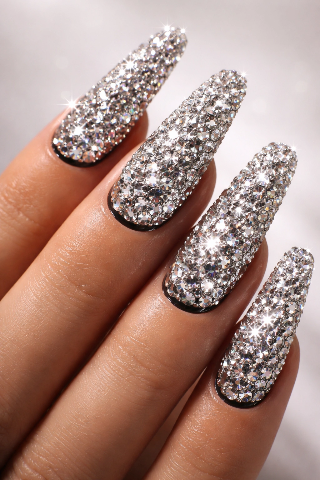 Rhinestone-covered nails sparkling on a hand