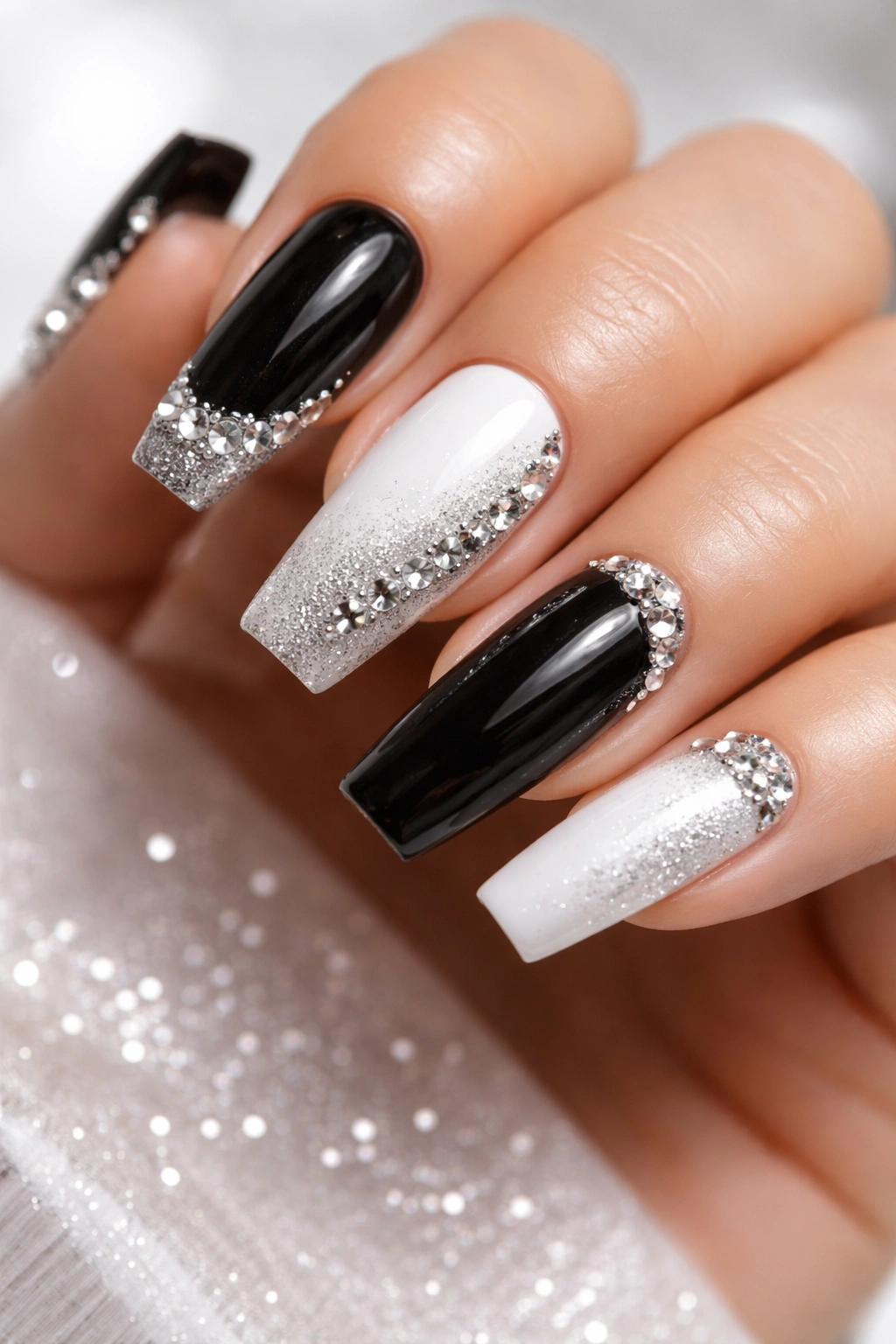 Coffin nails with rhinestone accents on a black and white base.