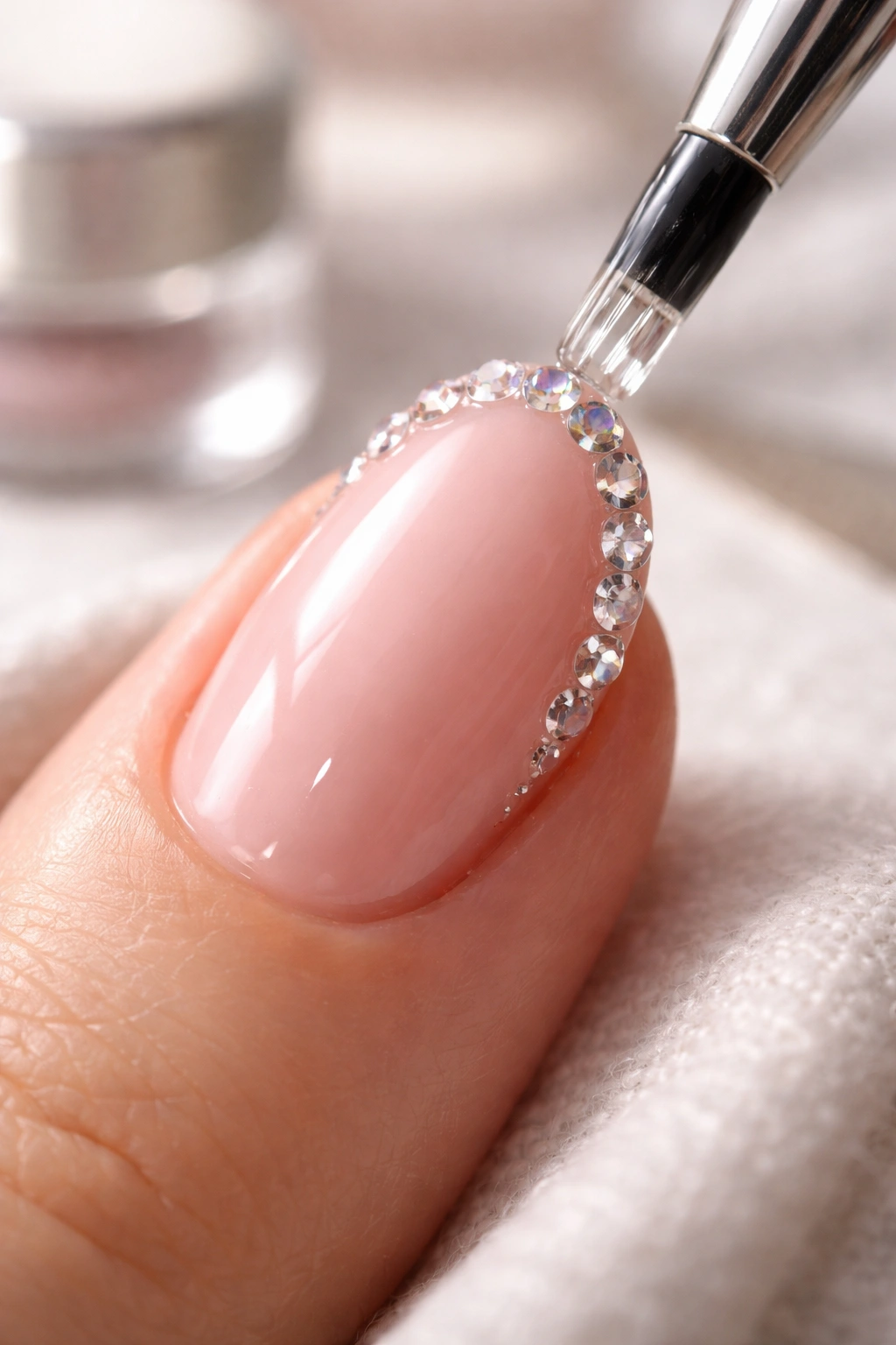 Close-up of a short oval nail with rhinestones along the edge, highlighting secure adhesion and sealant.