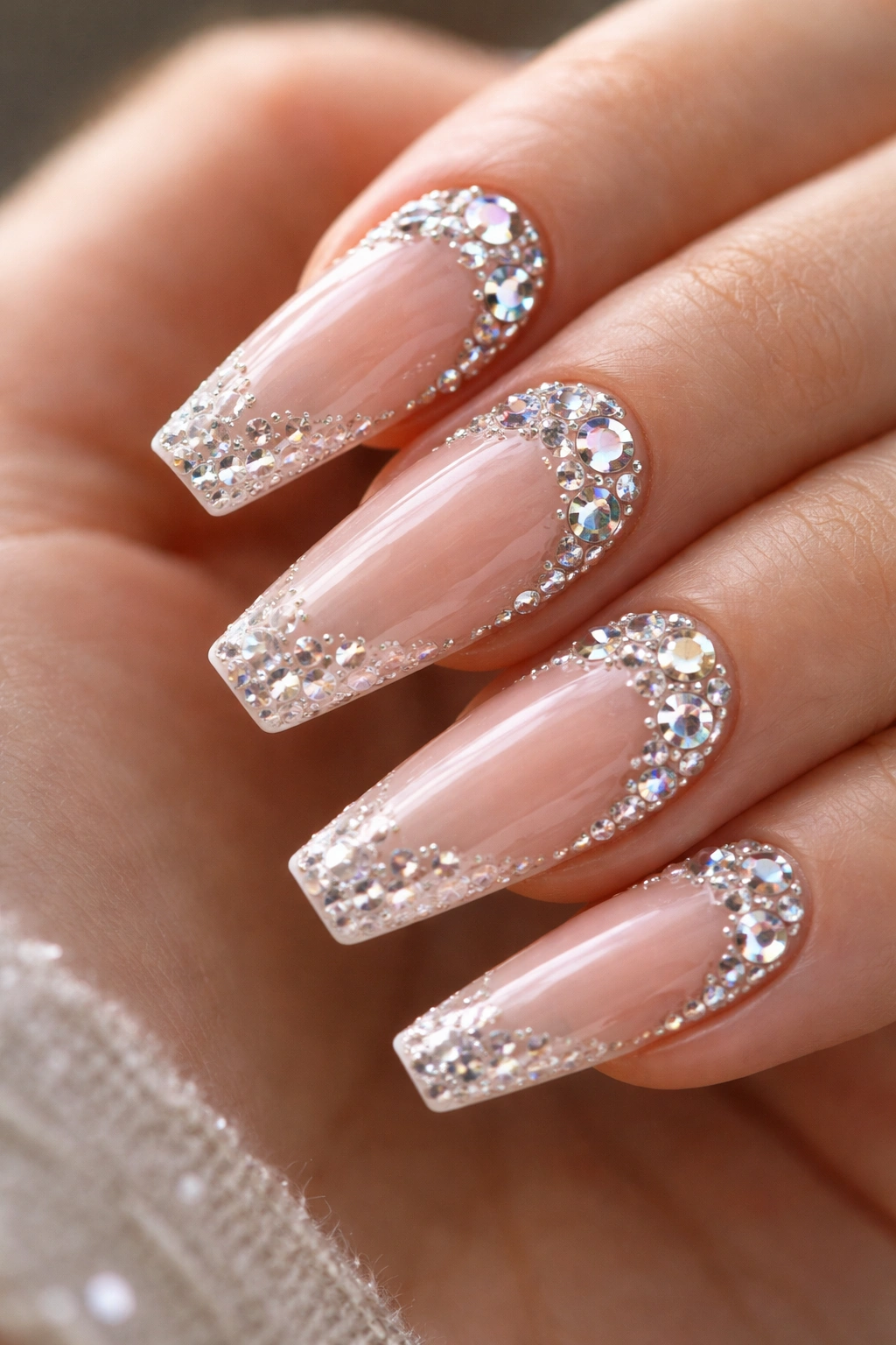 Nails with rhinestones securely sealed, no tools visible