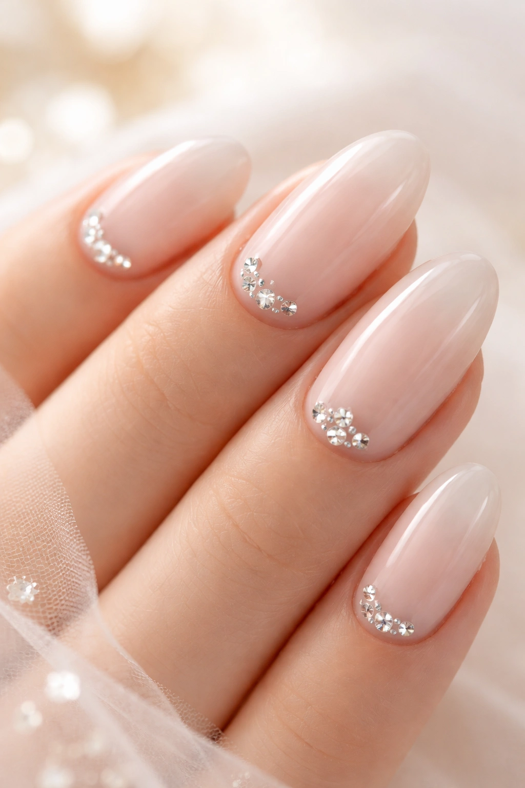 Nails with minimalist base color and small rhinestone accents