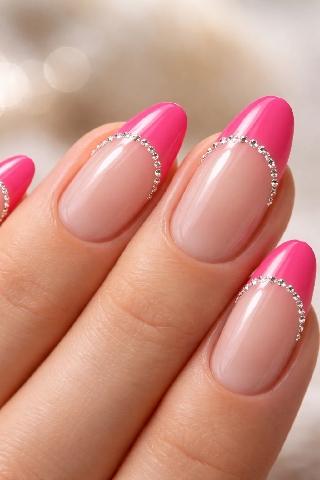 Short almond nail with pink tip and rhinestones along the smile line