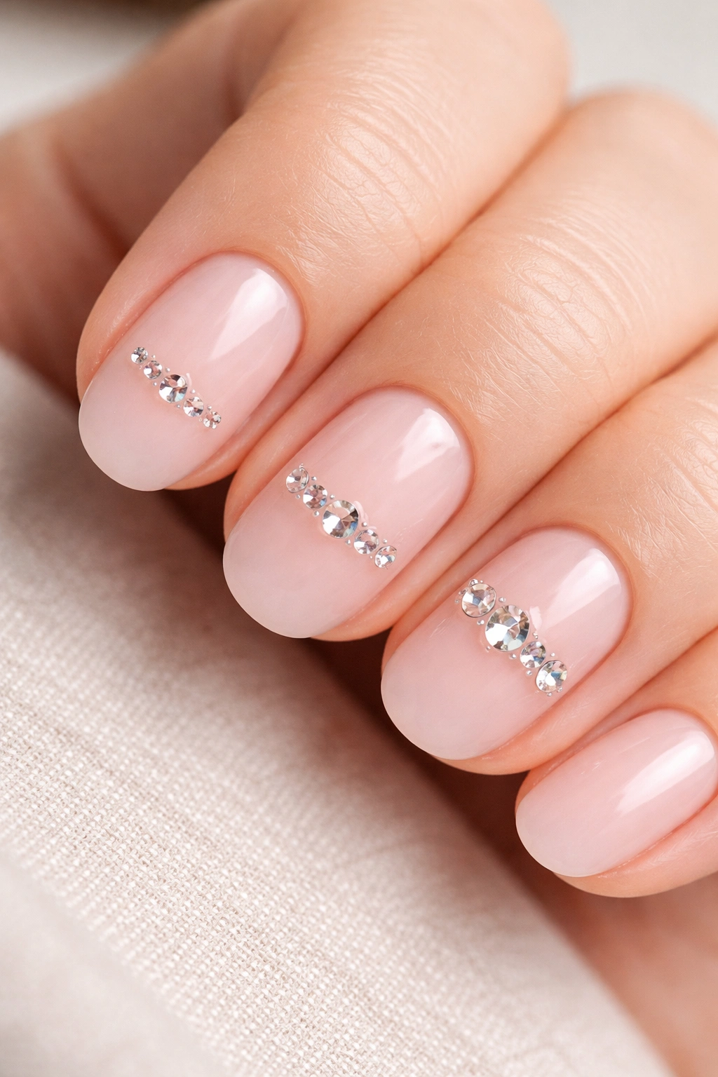 Nails displaying tiny, small, and medium rhinestones for size comparison