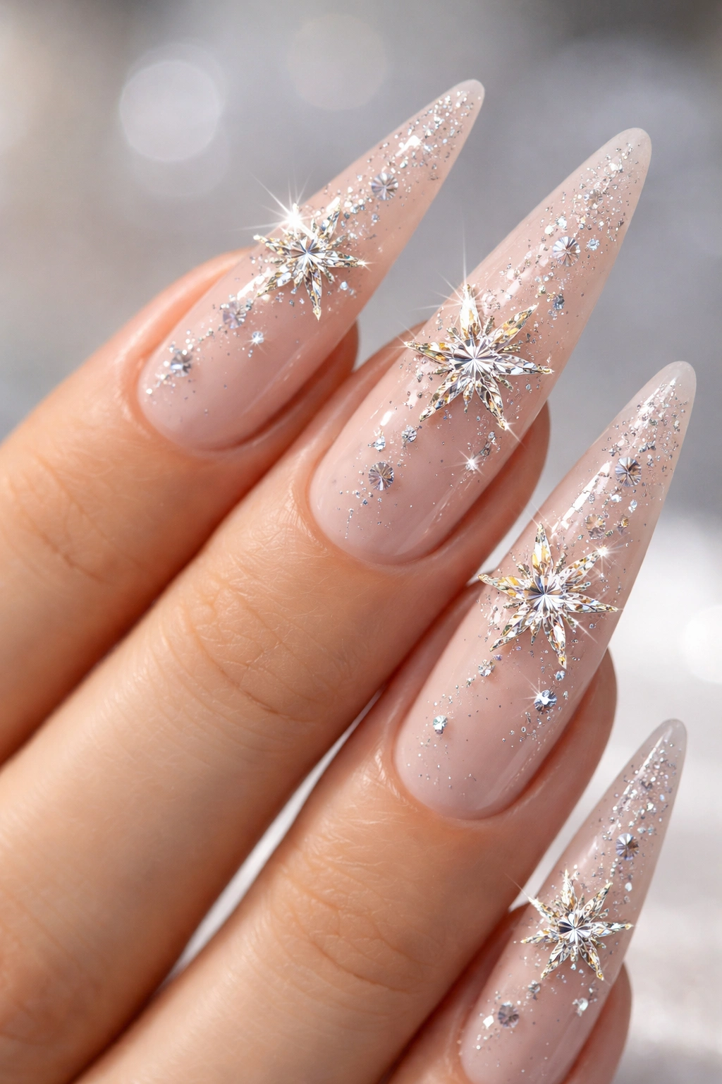 Stiletto nails with rhinestone star accents reflecting light