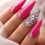 10 Hot Pink Stiletto Nails With Rhinestones
