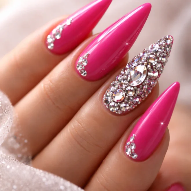 10 Hot Pink Stiletto Nails With Rhinestones