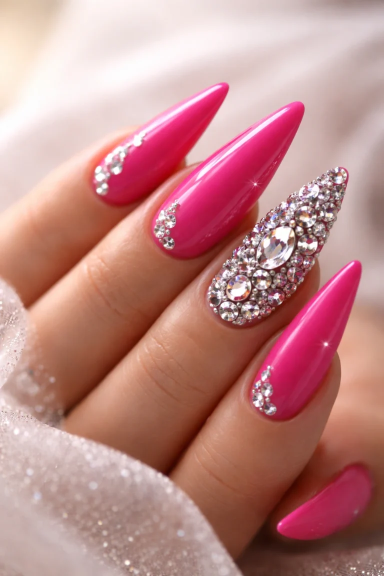 10 Hot Pink Stiletto Nails With Rhinestones