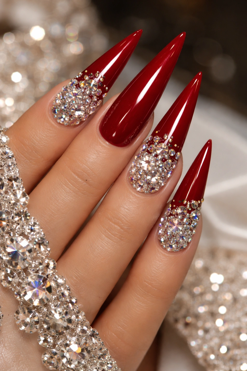 Cherry red stiletto nails with rhinestone embellishments sparkle