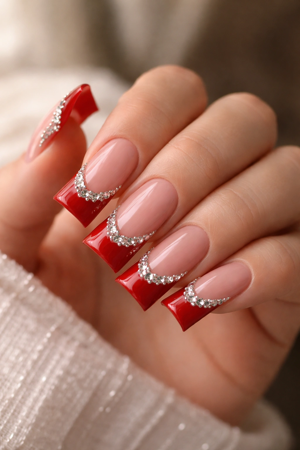 Close-up of duck nails with rhinestones along red French tips