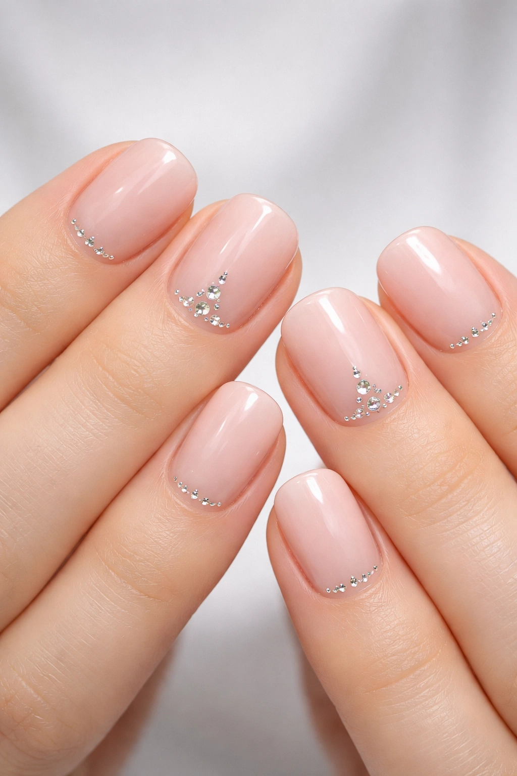 Close-up of short nails with tiny rhinestones on ring fingers