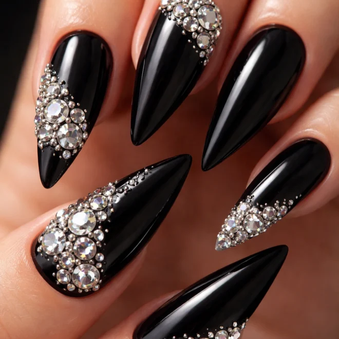 16 Black Stiletto Nails With Rhinestones