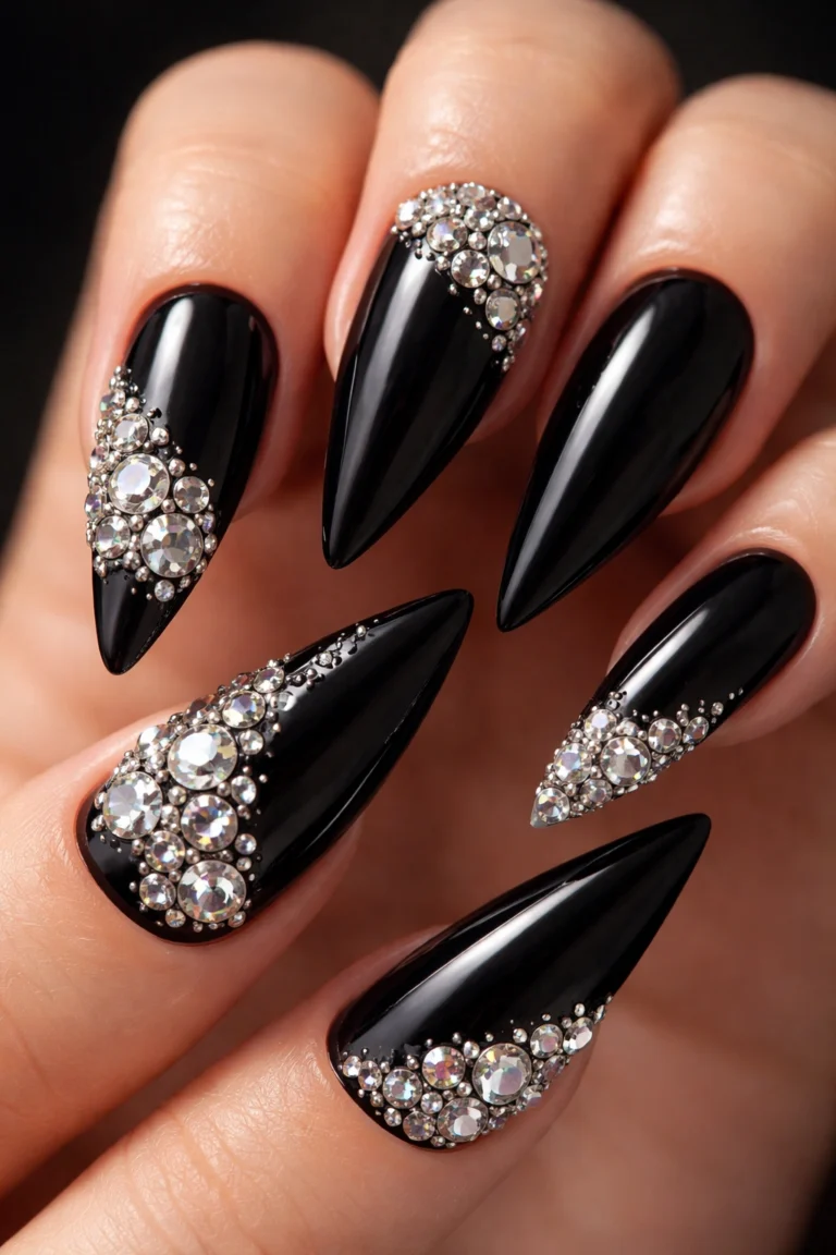 16 Black Stiletto Nails With Rhinestones