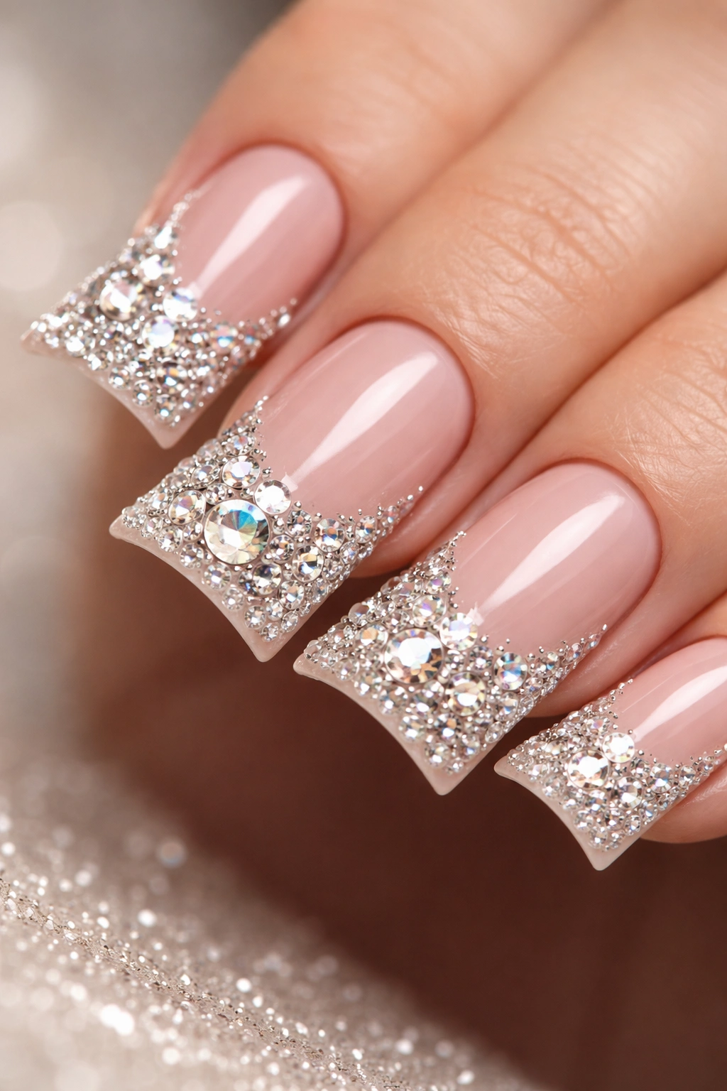Close-up of duck nails with rhinestone clusters along the curved tips on a nude base