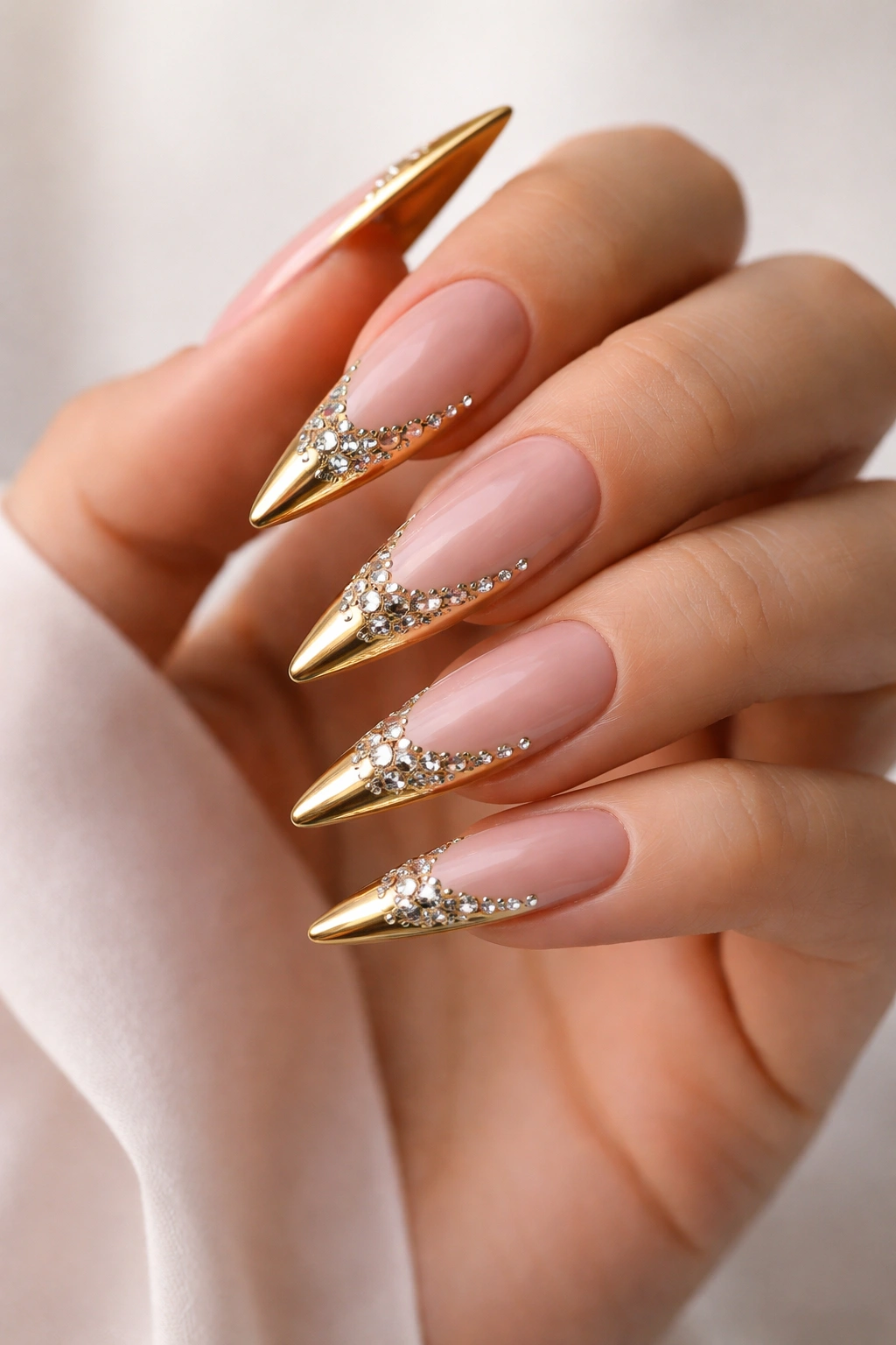 Stiletto nails with gold tips and rhinestones along the tip line on a plain background.