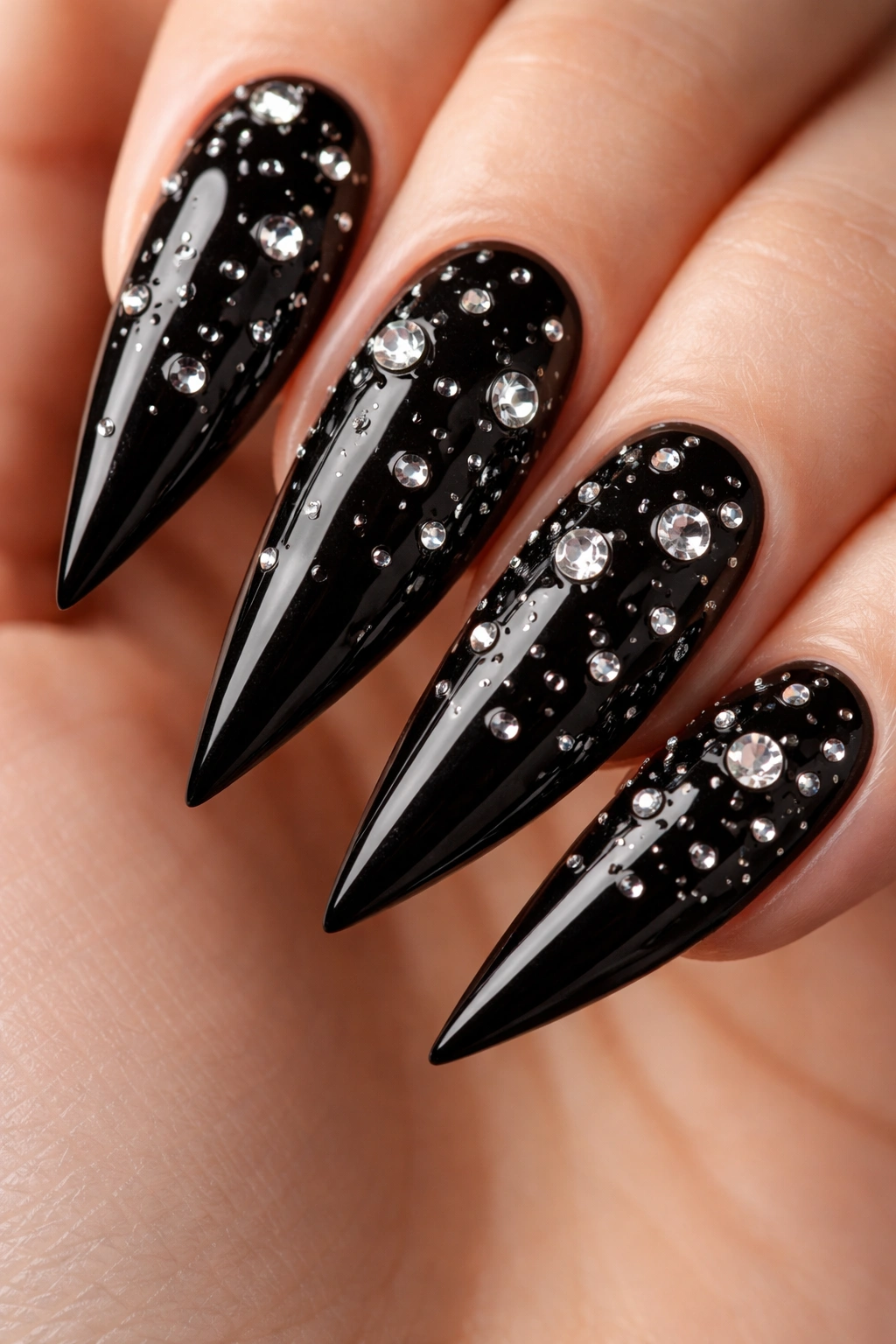 Close-up of black stiletto nail with scattered rhinestones in random pattern