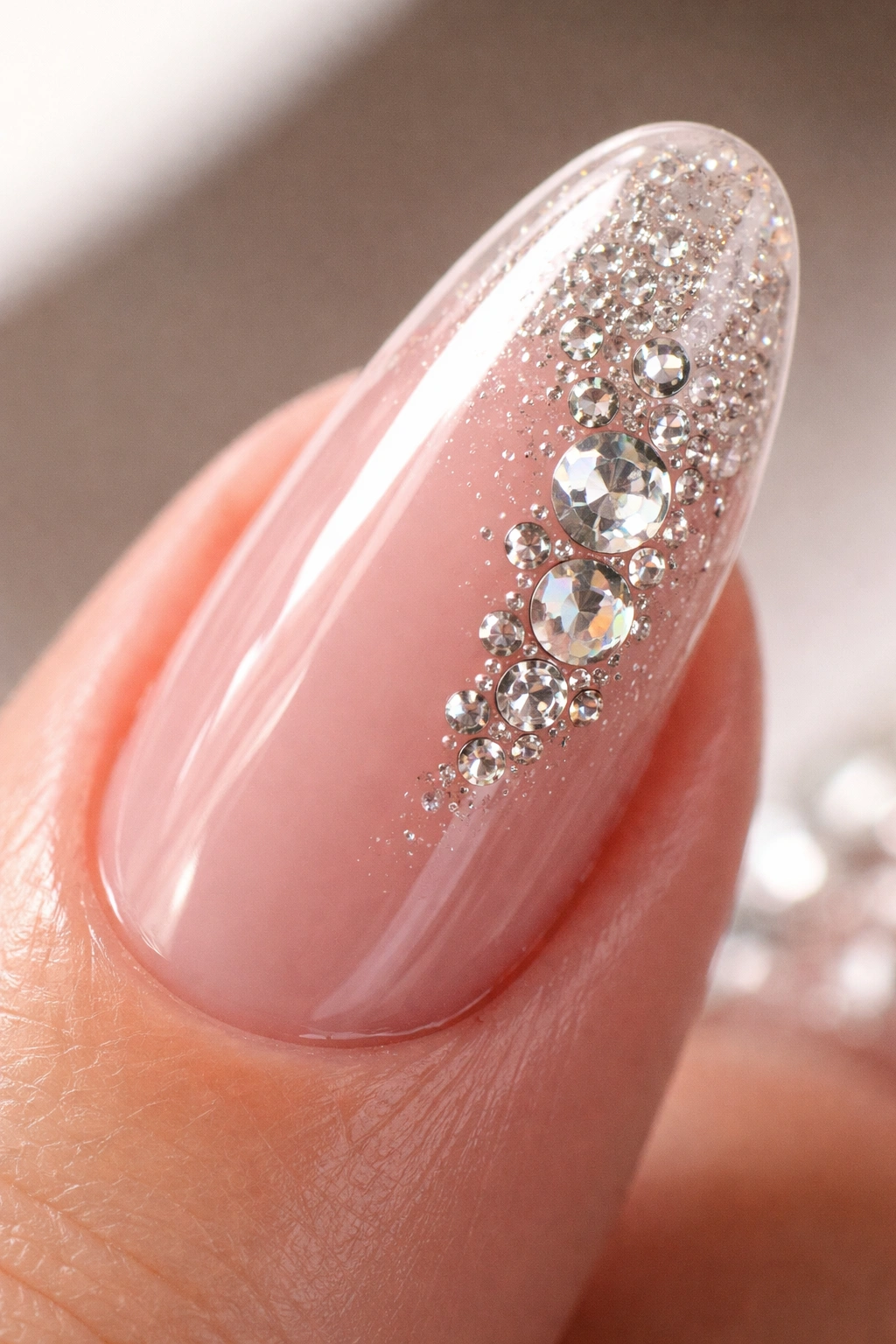 Close-up of a long oval nail with rhinestones securely embedded in gel for lasting adhesion