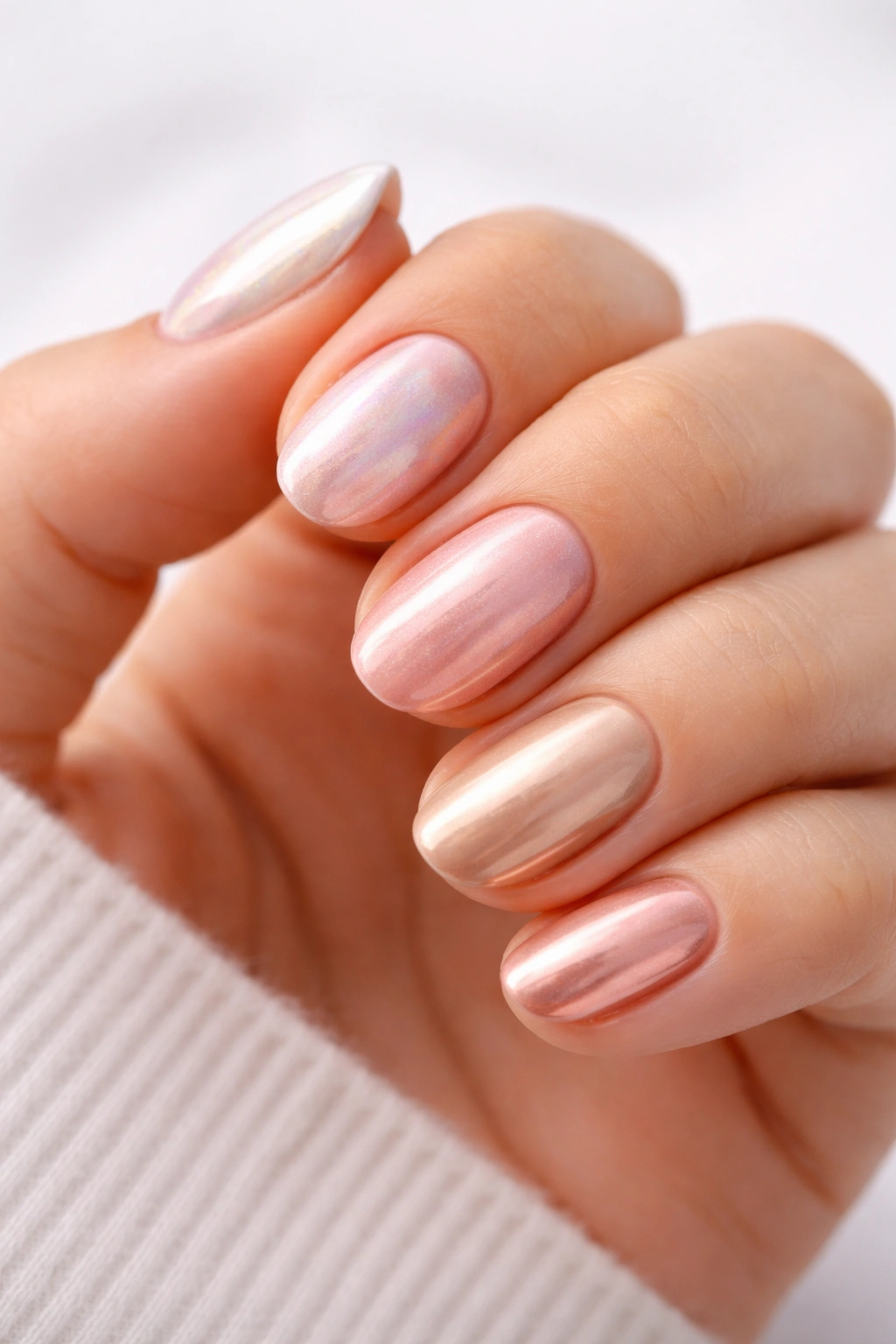 Hand with short oval nails showing different chrome shade options