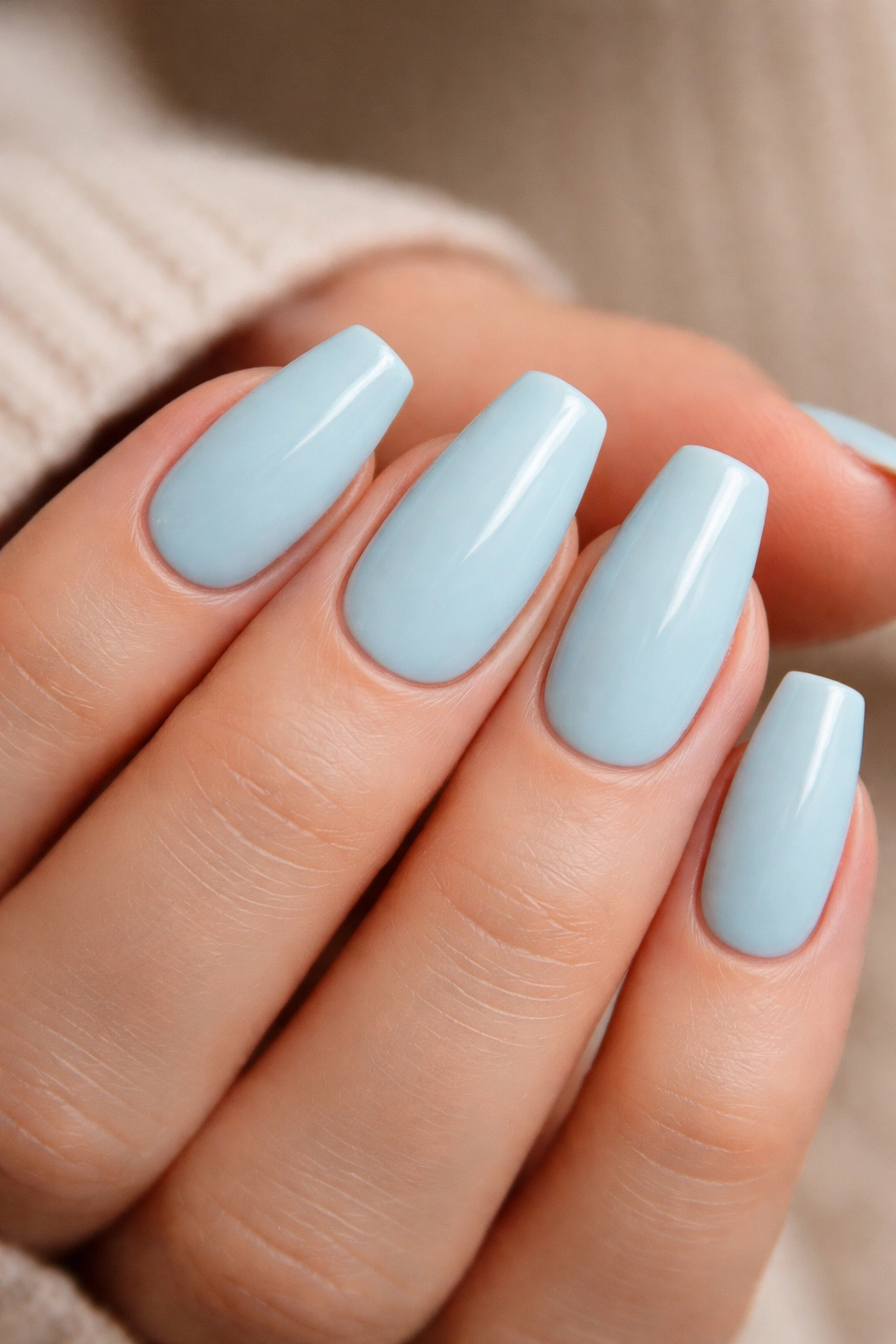 Robin's egg blue nails on short ballerina shape