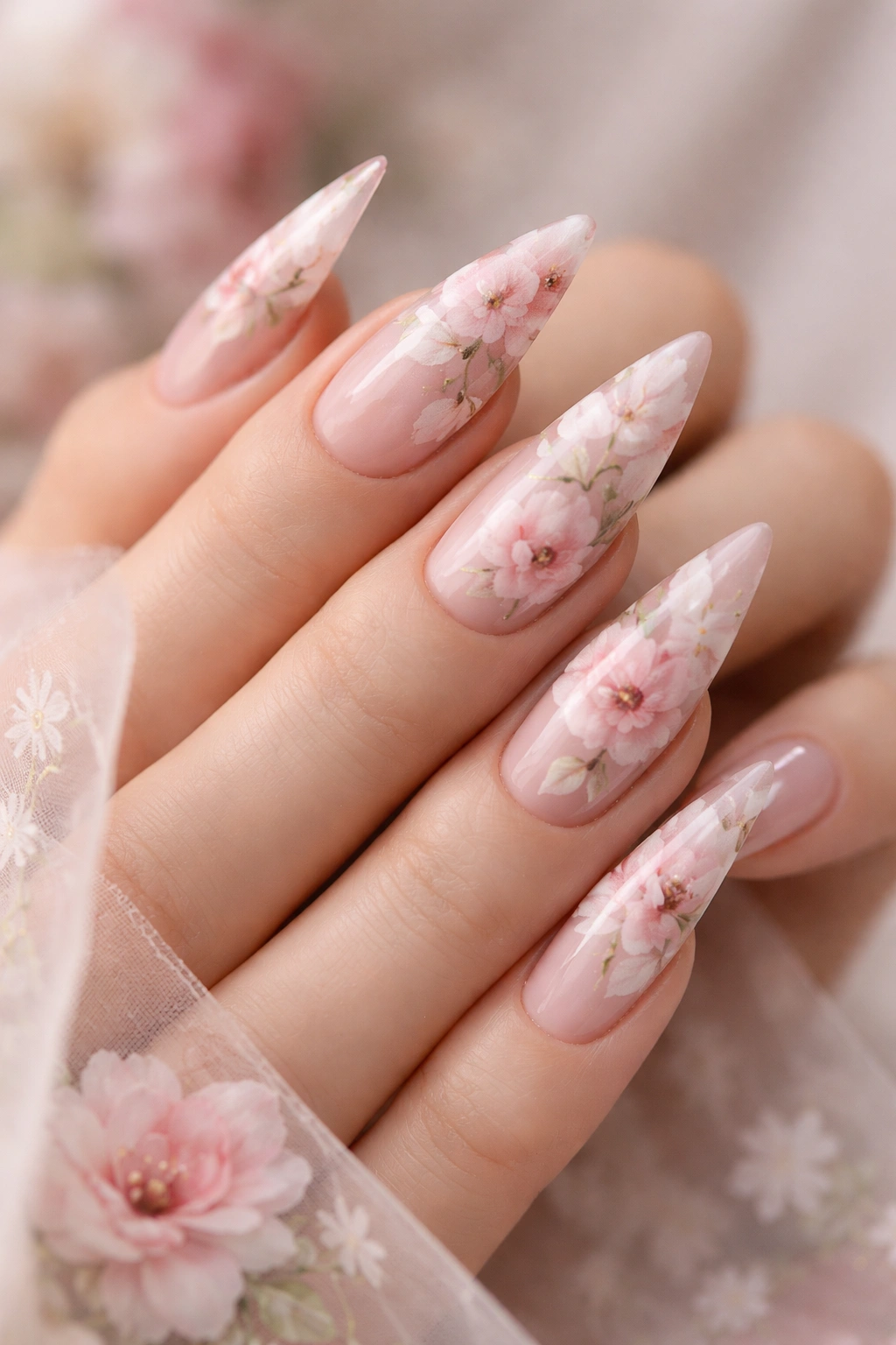 Nude nails with watercolor floral print on stiletto shape