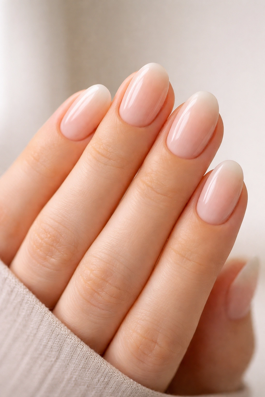 Short oval nails with rose beige ombre on a hand
