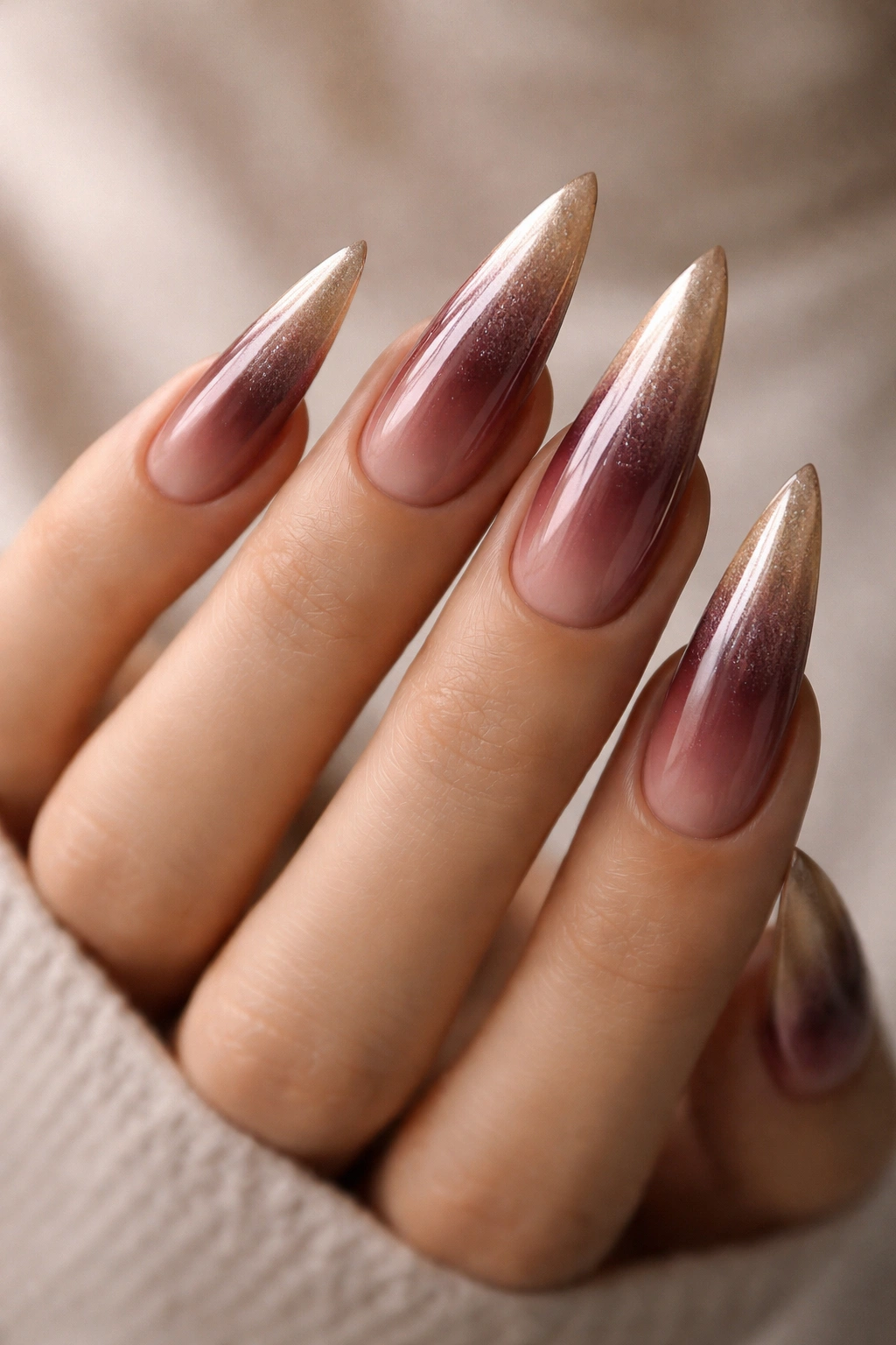 Stiletto nails with deep rose to champagne ombre on a neutral background
