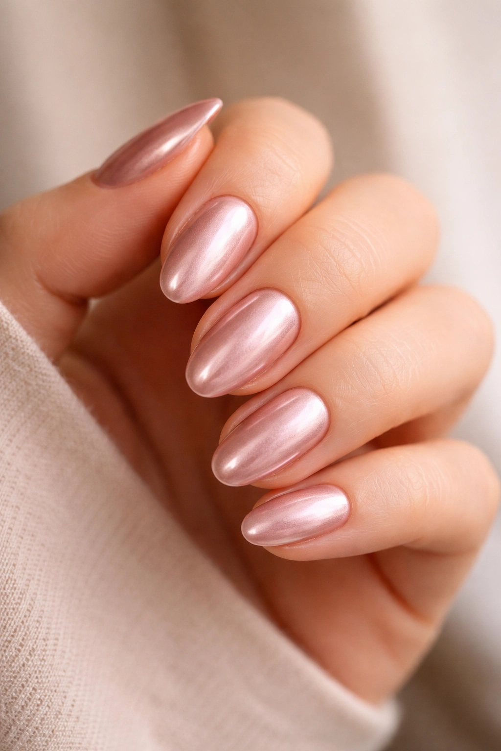 Close-up of a hand with short almond nails in rose chrome over a warm pinkish metallic finish.
