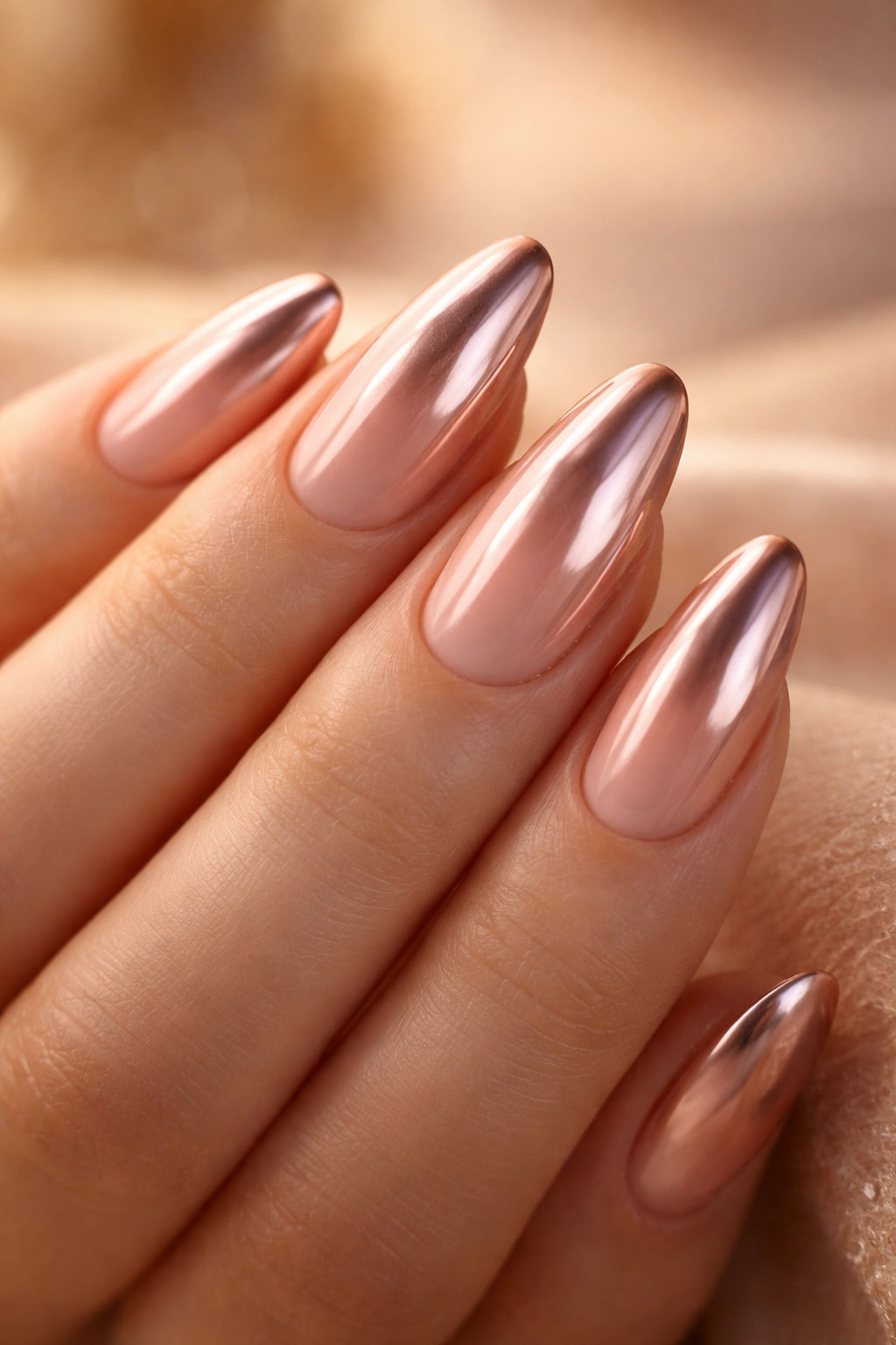 Close-up of almond-shaped nails with warm rose chrome and blush base.