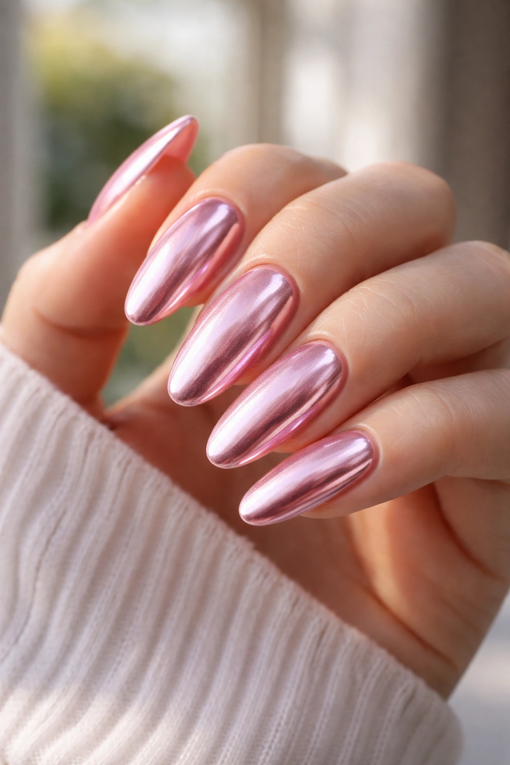 Rose chrome long oval nails with pink base and metallic shine.