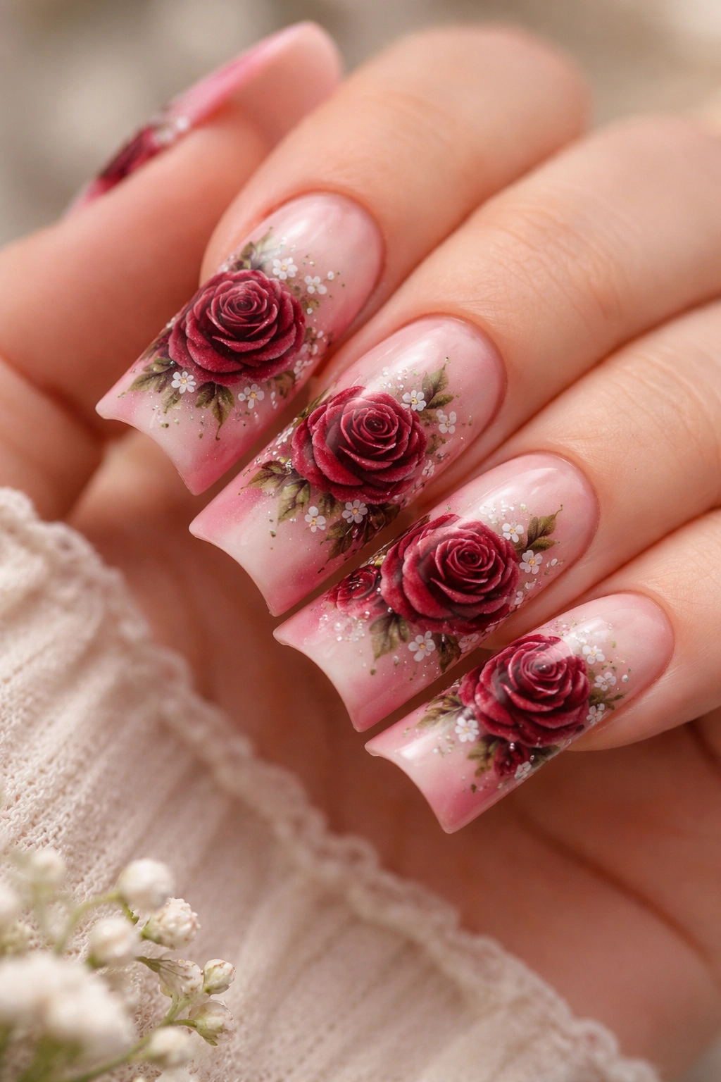 Close-up of Rose Red Duck Nails with Ombre Background featuring crimson roses on wine-to-pink gradient