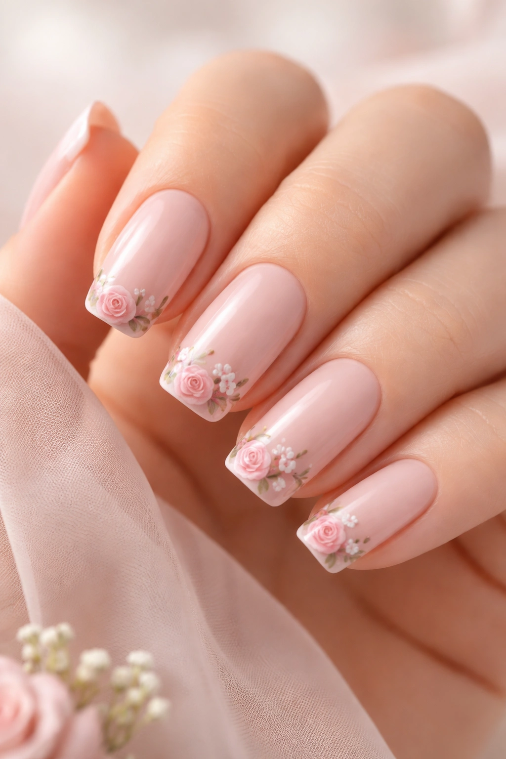 Nails with blush-toned French tips and tiny roses