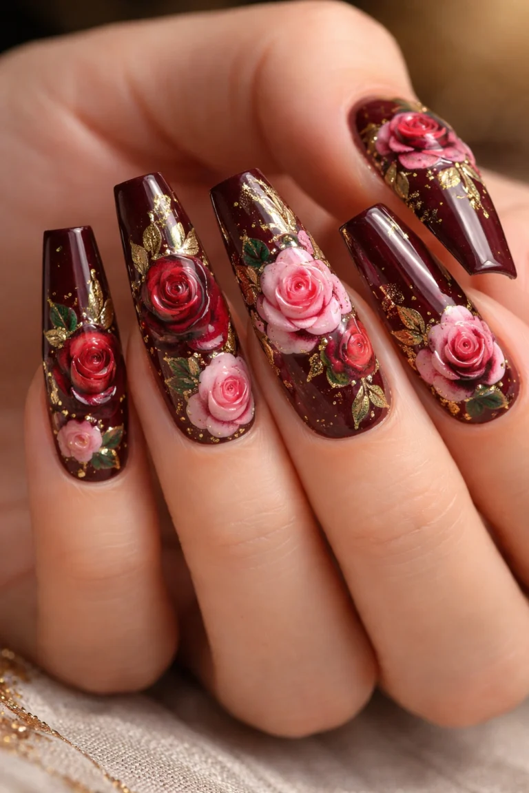 15 Flower Coffin Nail Designs for Long Nails