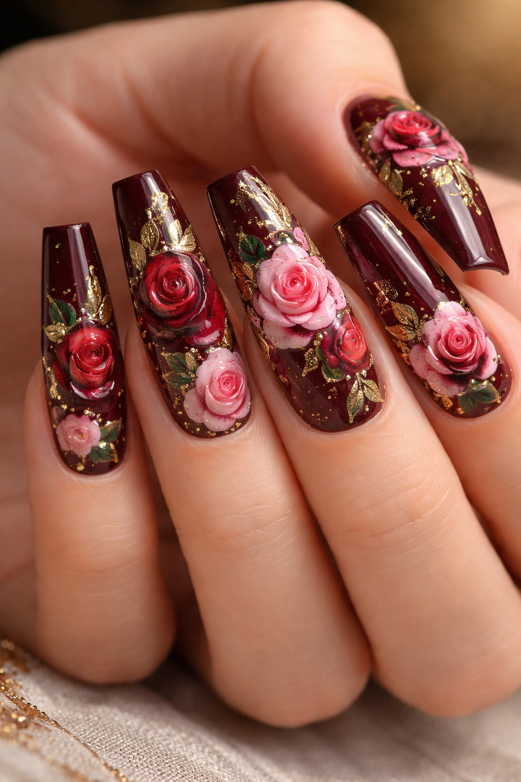 Coffin nails with burgundy base, red roses, green leaves and gold accents
