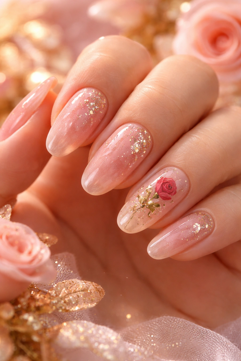 Close-up of Belle's Enchanted Rose Garden nails with pink base, gold foil, and rose accent
