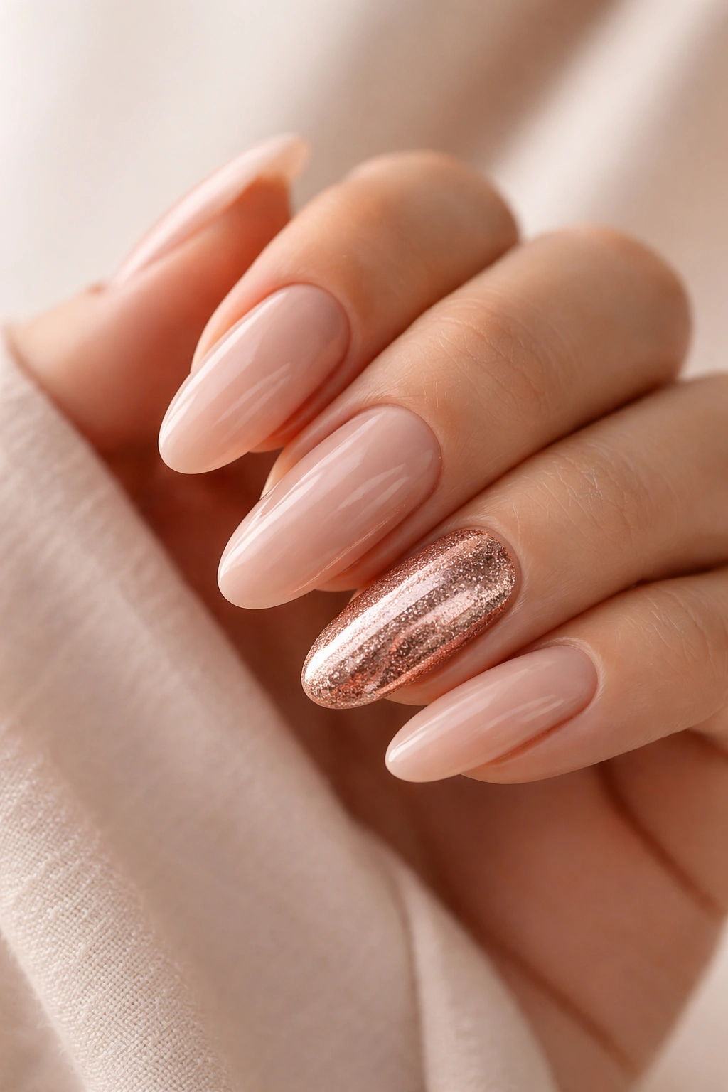 Close-up of long oval nails with a rose gold accent nail against nude base