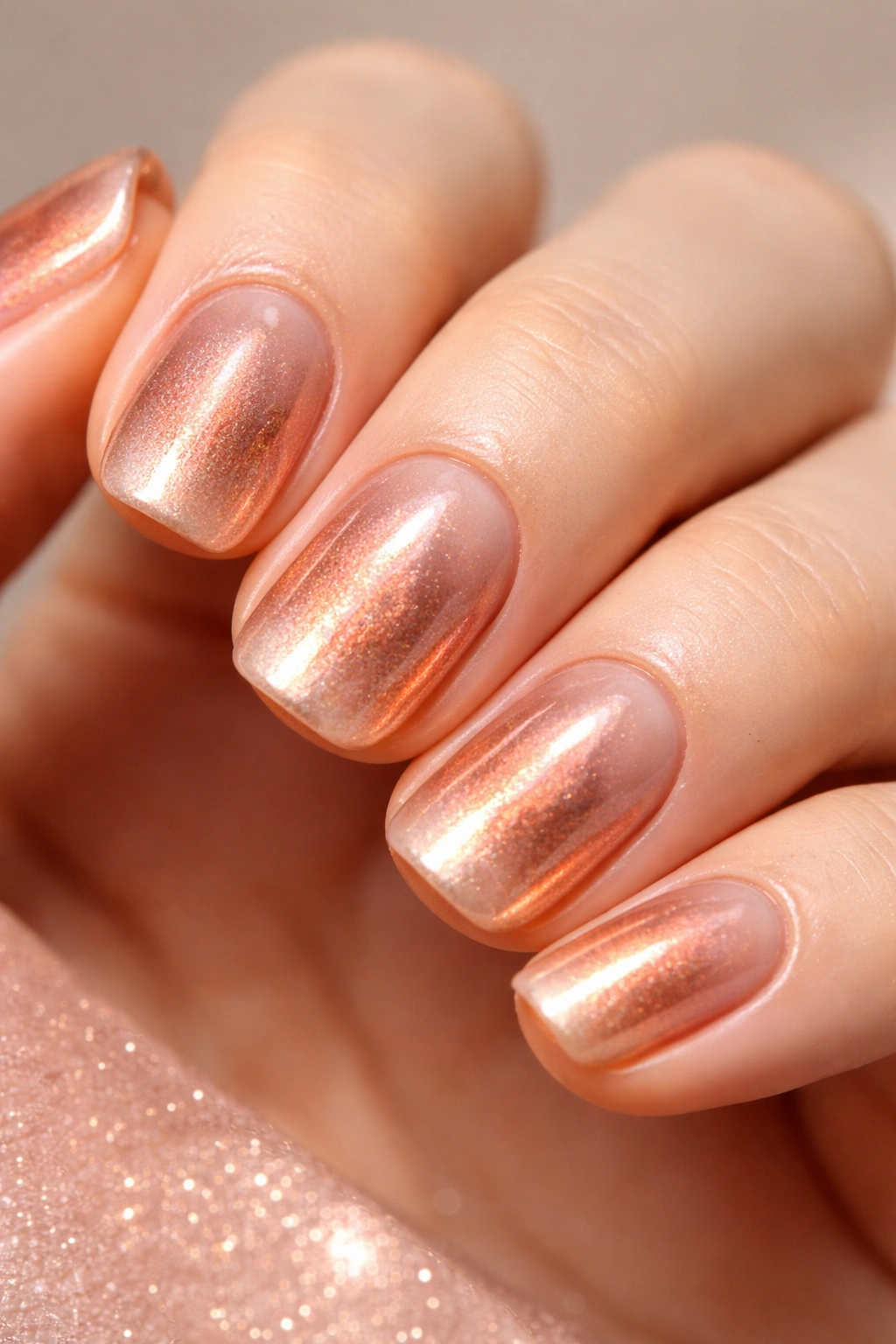 Close-up of short squoval nails with rose gold metallic aura