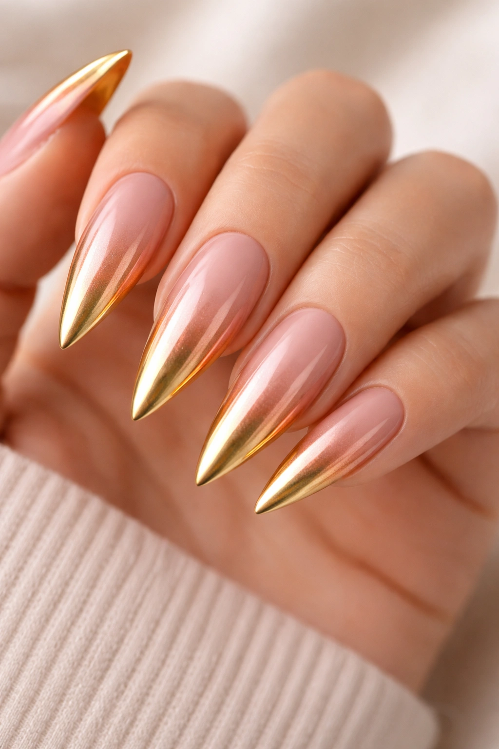 Close-up of stiletto nails showing rose gold and yellow gold gradient.