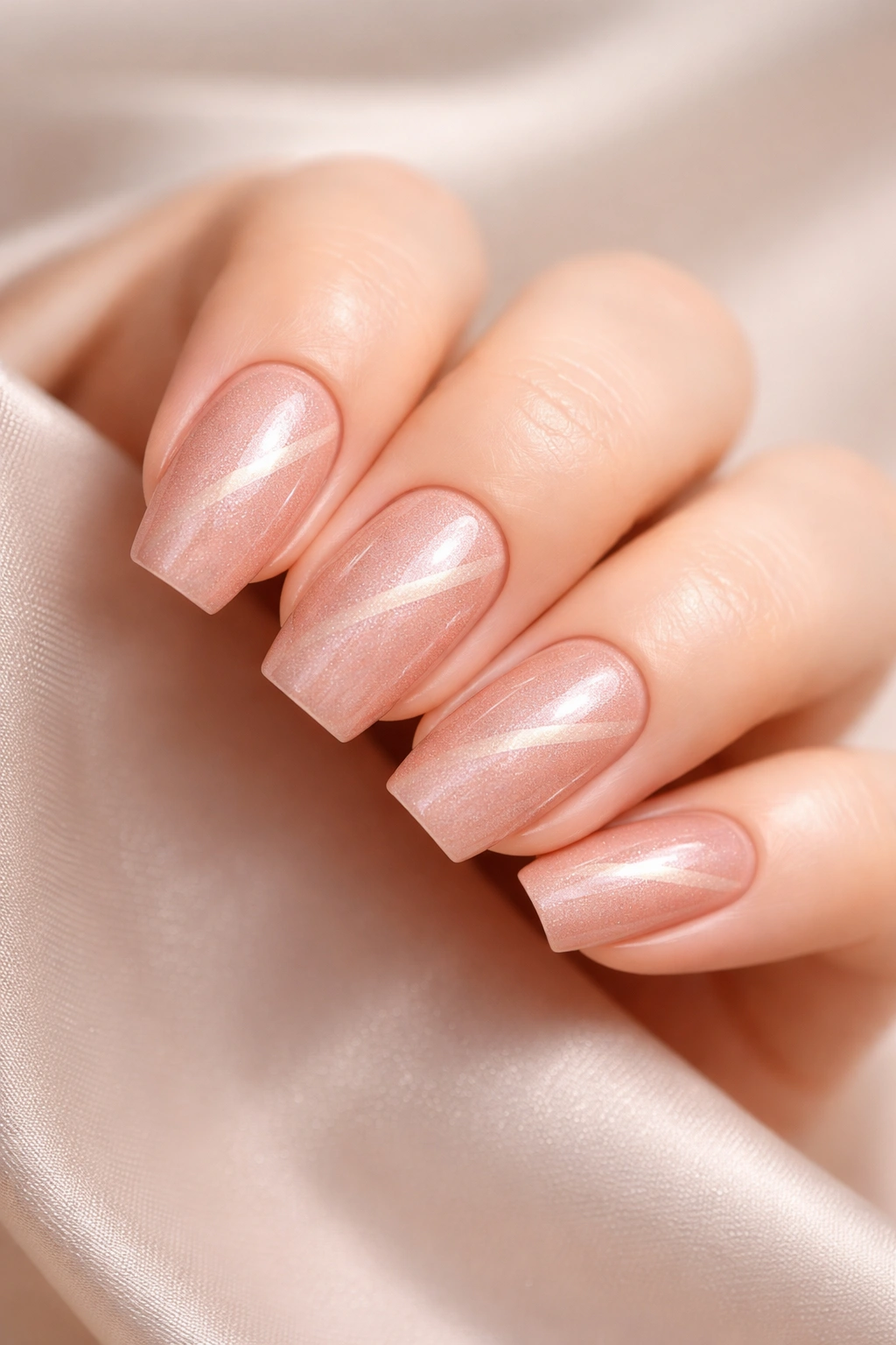 Close-up of Rose Gold Cat Eye Nails with warm shimmer on soft square nails.