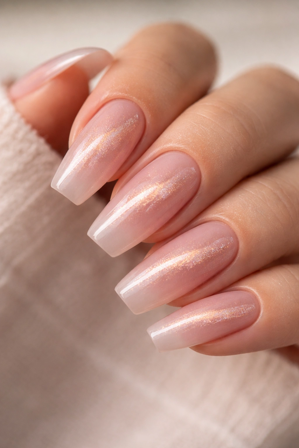 Rose gold cat eye over milky pink nails with a sweeping beam