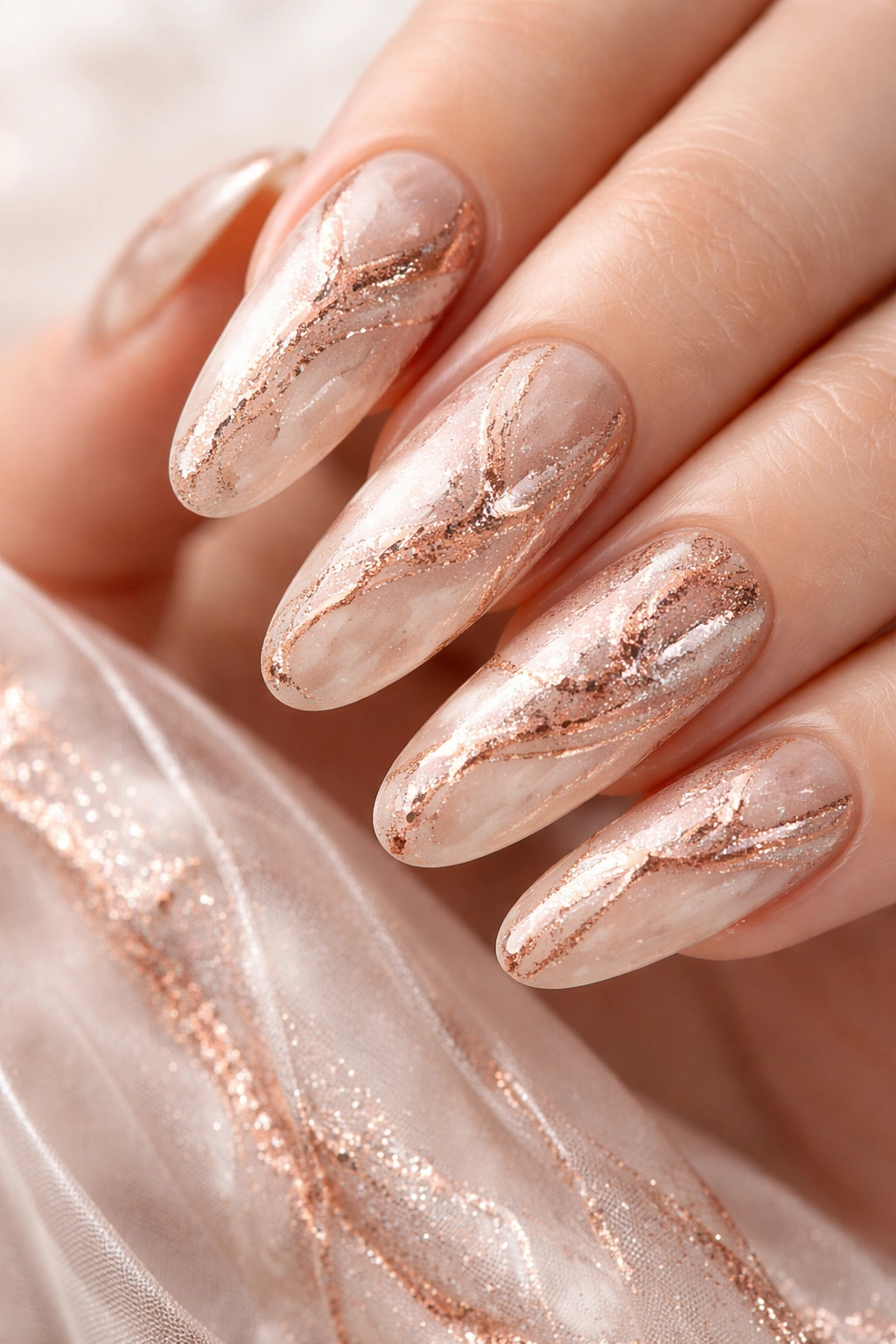 Close-up of rose gold champagne marble nails with metallic veins