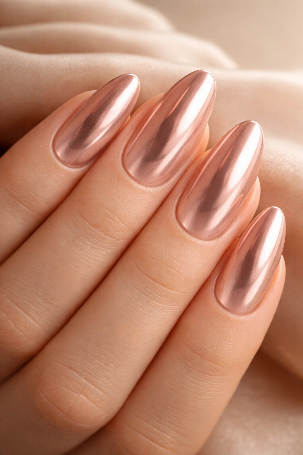 Close-up of almond-shaped nails with rose gold chrome under warm light.