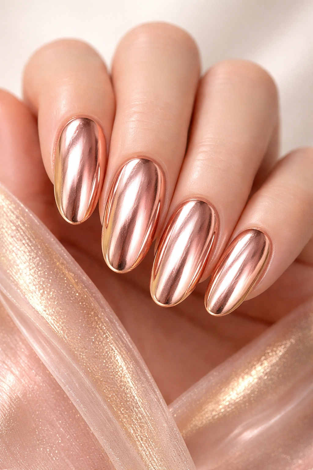 Close-up of long oval rose gold chrome nails with brushed gold accents on a neutral background