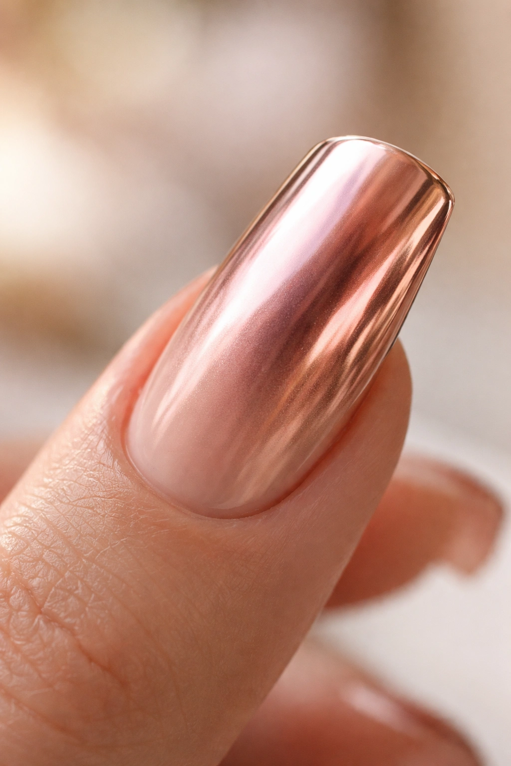 Duck nail in rose gold chrome with soft gradient on nude base under soft studio light