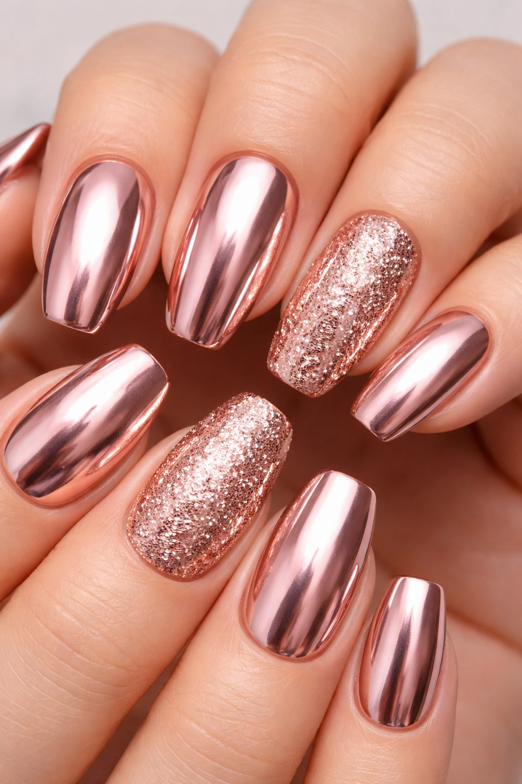 Rose gold chrome nails with glitter accents close-up