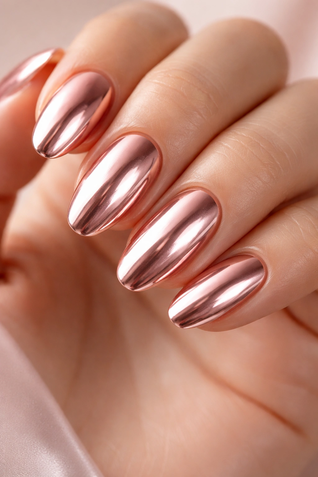 Close-up of hands with rose gold chrome nails