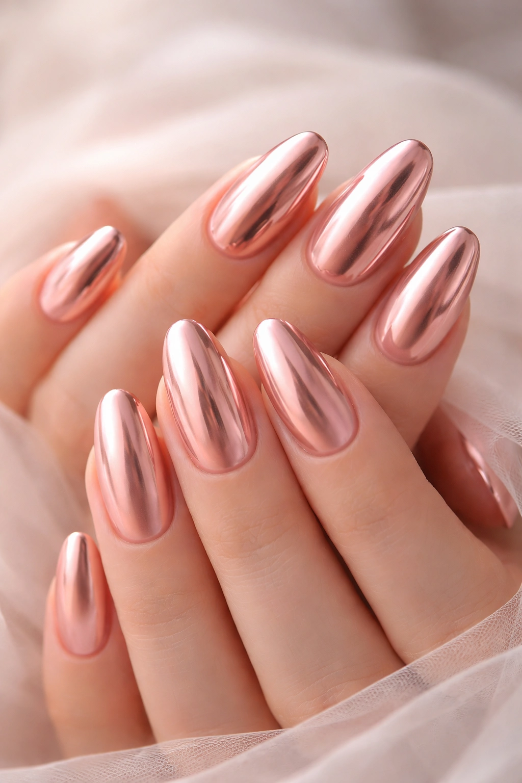 Close-up of rose gold chrome nails on a pink base.