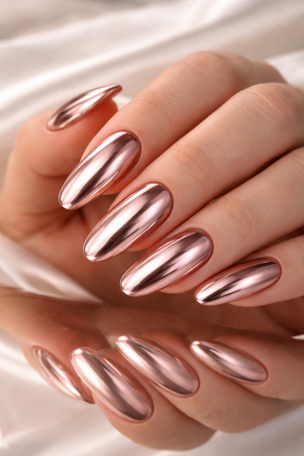Close-up of rose gold chrome long oval nails with mirror finish